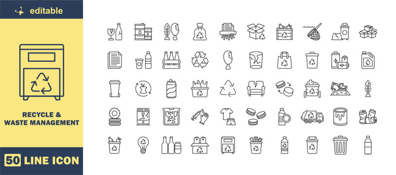 Recycle and Waste Management Line Icon Set &ndash; Editable Stroke Outline Collection for Recycling, Sustainability, Waste Sorting, Circular Economy, and Environmental Protection
