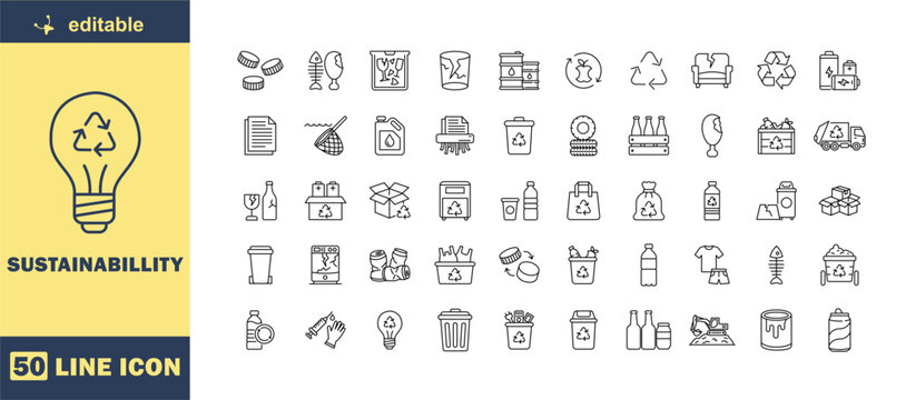 Sustainability Line Icon Set &ndash; Editable Stroke Outline Collection for Recycling, Circular Economy, Green Energy, Waste Management, and Environmental Conservation