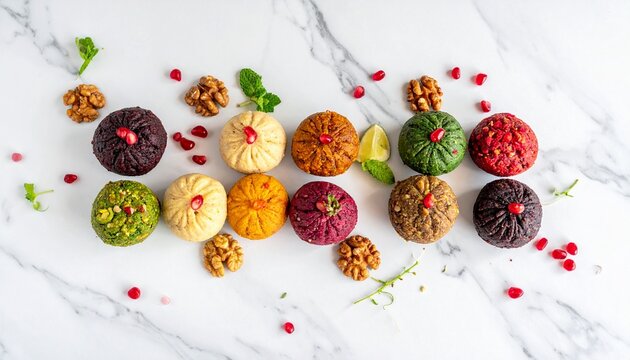 Colorful georgian pkhali balls. Authentic traditional vegetable and walnut appetizers garnished with pomegranate on white.