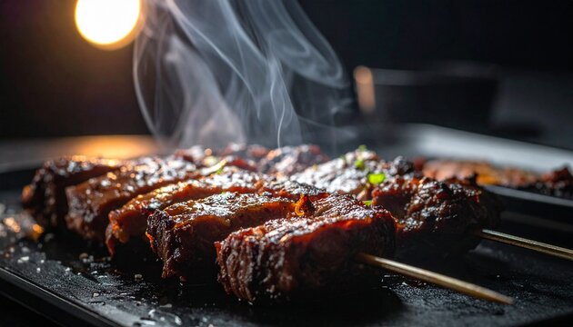 Steaming grilled mtsvadi meat. Authentic georgian barbecue skewers with smoke on dark background for restaurant menu.