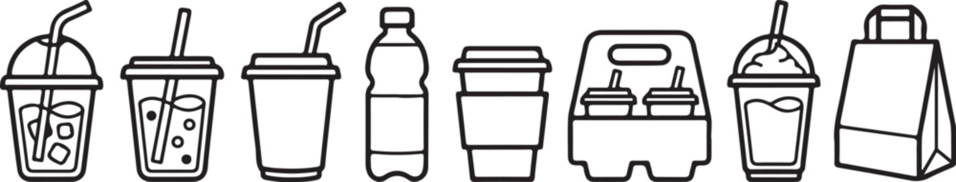 Flat line icons of coffee drinks and food items in a paper bag Vector