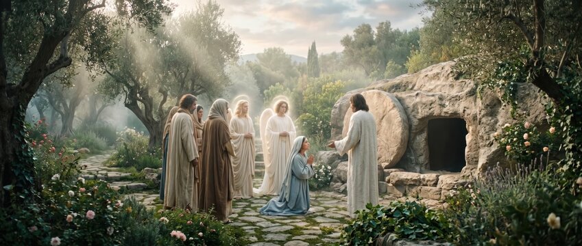 Jesus Christ Resurrected in Garden Tomb with Disciples and Angels.