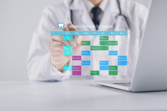 Dentist interacting with virtual weekly dental schedule interface clinic appointment management system healthcare technology and digital transformation for medical practice efficiency
