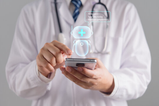 Telemedicine concept. Doctor using a mobile phone with a virtual AI assistant robot. Artificial intelligence in healthcare, remote diagnosis, and smart medical technology.