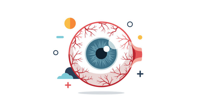Detailed illustration of a human eyeball showing red veins and iris surrounded by abstract colorful geometric shapes and symbols.
