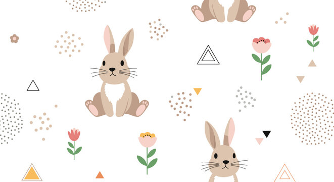 Adorable seamless pattern featuring cute brown rabbits, colorful flowers, dots, and geometric shapes on a clean white background.