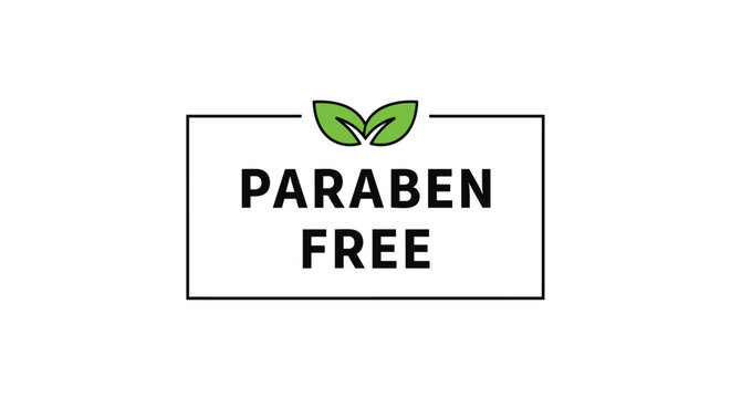 Modern paraben free label with black text and two small green leaves inside a simple rectangular frame for cosmetic product packaging.