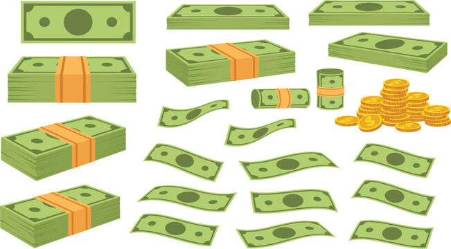 Green paper money cash stacks banknotes and gold coins vector illustration collection isolated on white background, financial success economy and wealth cartoon design elements.