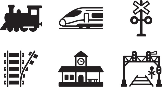Black and white train station icons set with railway crossing signals and clock tower Vector