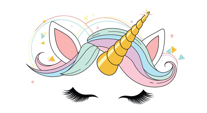 Enchanting close-up illustration of a unicorn's face with a rainbow mane, golden horn, and long eyelashes on a white background.
