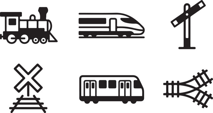 Set of six black and white train and railway icons Vector
