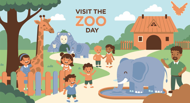 Children visit zoo day with giraffe elephant and people