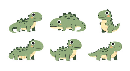 Obraz premium Six cartoon dinosaurs are standing in two rows on a white background