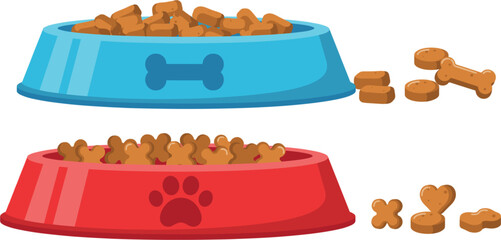 Pet food bowls filled with dry kibble crunchy treats and bone shaped biscuits vector illustration set isolated on white background, dog and cat feeding cartoon design element. © Rukhsana
