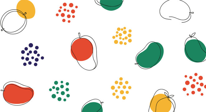 Artistic pattern with outline mango fruit shapes, colorful circles, and clusters of dots on a clean white background.