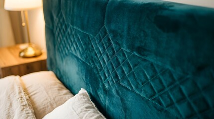 Obraz premium Luxurious deep teal velvet upholstered headboard with diamond tufting texture on a comfortable bed in a cozy bedroom setting with soft lighting from a bedside lamp adding warmth and inviting