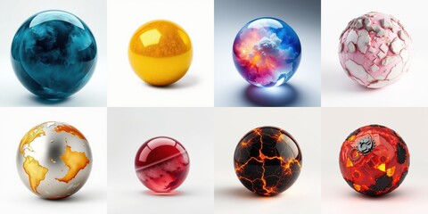Fototapeta premium Glass spheres display diverse planetary textures, colors. Bright reflections highlight spherical forms, creating visual interest.
