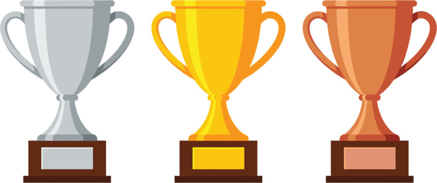 Gold silver and bronze award trophy cup icons set for sports championship winners competition success achievement and tournament rewards isolated on white background