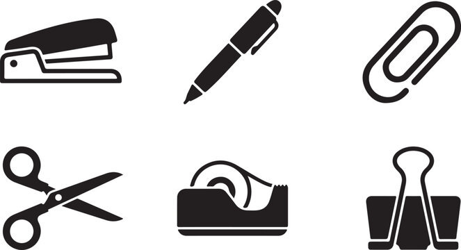 Set of six black stationery office icons including stapler, pen, paperclip, scissors, tape dispenser, and binder clip Vector