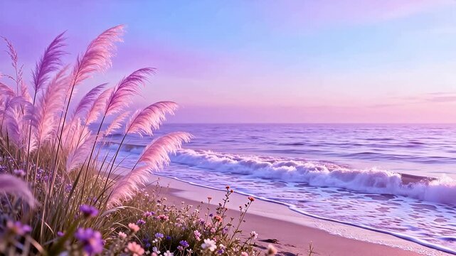 beach with flowers and waves at sunset