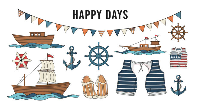 Nautical theme collection features wooden ships, anchors, steering wheels, sailor vests, and bunting flags with happy days text.