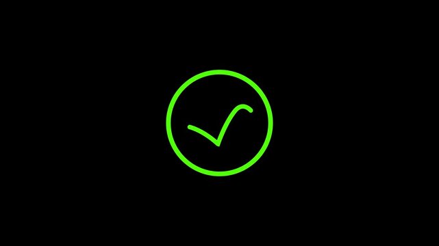 A simple and clean abstract graphic featuring a bright neon green outline of a circle containing a hand-drawn style green checkmark symbol, presented against a deep, solid black background