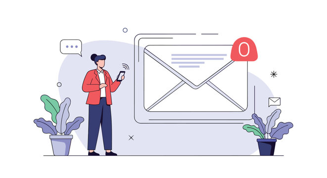Professional woman manages digital communications by checking email on her smartphone next to a large envelope notification.