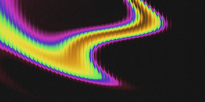 Dark black grainy noise abstract background featuring a curved dynamic rainbow gradient wave with sharp vertical groove line edges. Vibrant yellow, lime green, blue, purple, magenta neon color flow. 