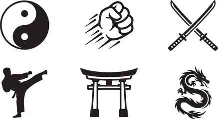 Six black and white martial arts symbols and icons set Vector © Runa
