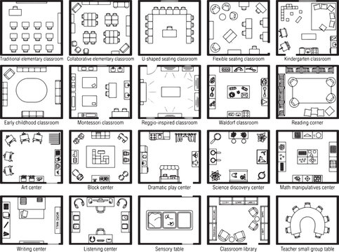 A visual representation of diverse classroom layouts, showcasing innovative seating arrangements and learning centers designed to foster engagement and creativity.