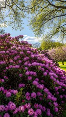 Naklejka premium Vibrant Rhododendron Bush in Full Bloom Under a Sunny Sky.