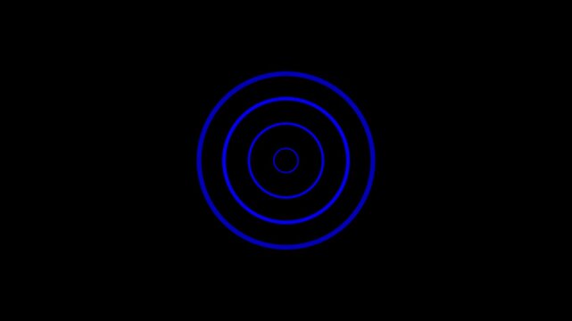 Three concentric blue circles with a small central dot against a stark black background representing a simplified target or a focused point of origin for signals