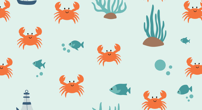 Playful underwater pattern featuring cute orange crabs and blue fish swimming among sea plants on a light blue background.