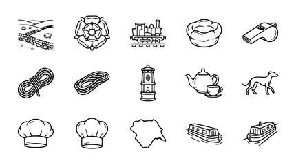 British Heritage Icons: Canal Boat, Rose, Train, Whistle, Chef Hat, Greyhound, Tea © Xandal