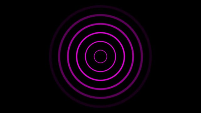 A vibrant gradient of pink and purple forms concentric circles radiating outwards from a central point against a dark black background creating an energetic and futuristic visual effect
