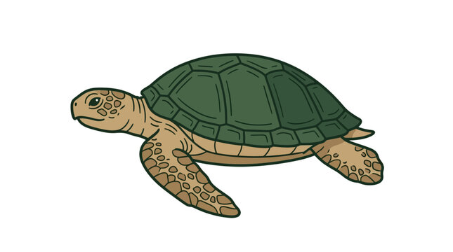 Green Sea Turtle Swimming Isolated on White Background, Vector Illustration