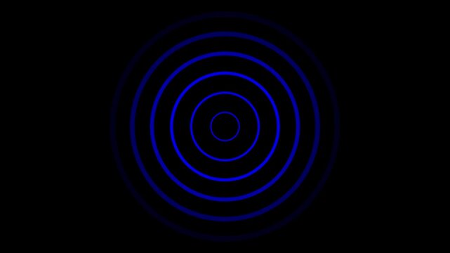 A series of concentric blue circles radiating outwards from a central point against a deep black background creating a visual representation of sound waves or a target reticle