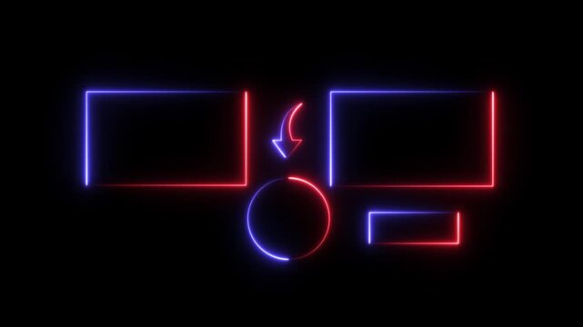 A dark background illuminated by vibrant neon glowing lines forming a You Tube end screen layout with two large rectangular frames for videos a smaller rectangular frame for a subscribe button and