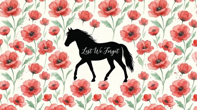 Horse Silhouette With Lest We Forget Text Over Watercolor Poppy Flowers