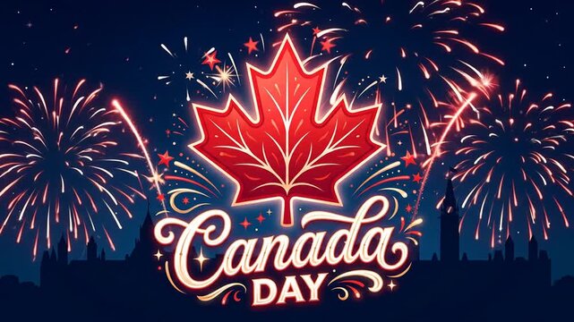 Happy Canada Day Celebration with Red Maple Leaf and Festive Fireworks