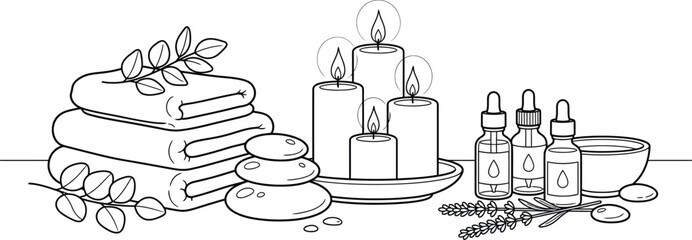 Fototapeta premium Hand Drawn Candles and Books Coloring Page Line Art Illustration for Relaxation