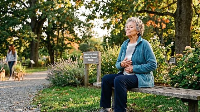 Senior woman outdoor park relaxation on bench autumn nature sunlight trees mental wellness recovery hand on chest experiencing discomfort health concern emotional expression of worry