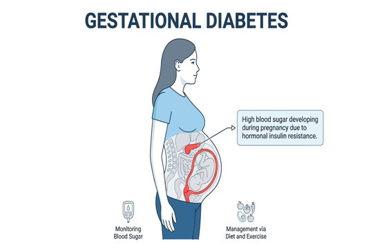 Medical illustration showing gestational diabetes during pregnancy with pancreas highlighted.