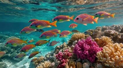 Fototapeta premium School of colorful fish swimming over a coral reef, bright clear underwater shot, marine life diversity 