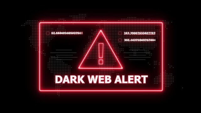 A glowing red neon rectangle frame containing a red neon triangle and digital data streams on a dark background with a faint world map overlay, displaying the text DARKWEBALERT in bold