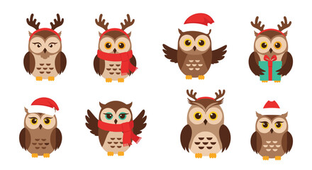 Fototapeta premium Set of cute owl characters wearing festive christmas hats, scarves, antlers, and holding gifts on a white background.