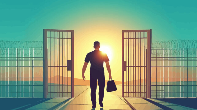 Man walking through open gate with briefcase at sunset, silhouette