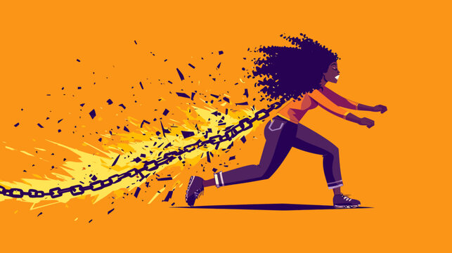 Woman pulling a broken chain with fiery sparks on orange background