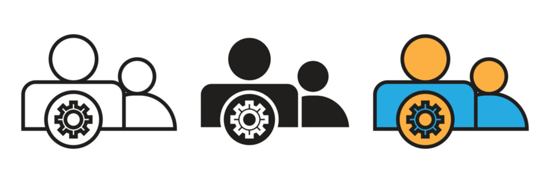 Team Management and Account Settings Vector Icon. Professional vector icon of multiple user silhouettes with a gear icon, depicting human resources management, team settings, and user group control.