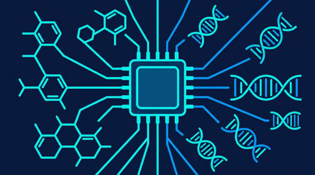 Biotechnology abstract banner with computer processor chip integrated with DNA and molecules vector pattern